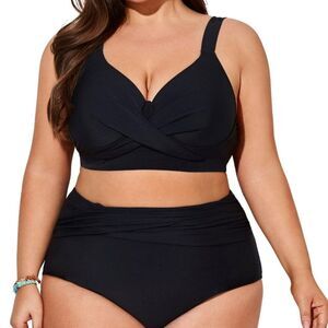 Plus Size Black High-Waisted Tummy Control Bikini Set Black Size 14W